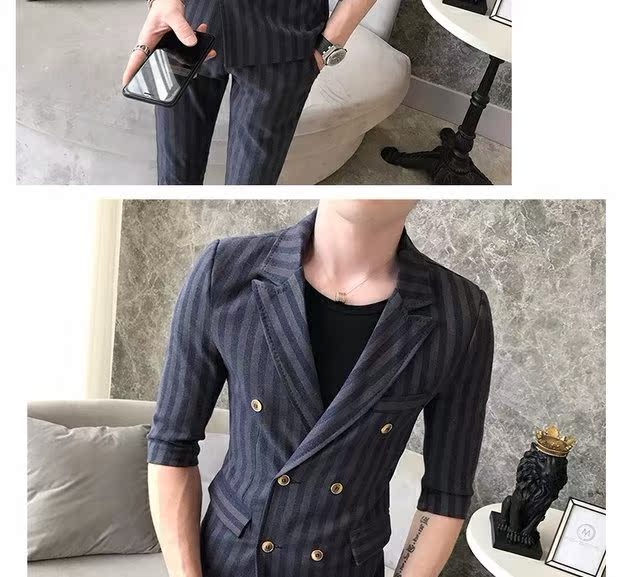 Bộ đồ ngắn tay phù hợp với nam Slim cá tính sọc khâu miễn phí đôi ngực nóng bỏng cơ thể thanh niên làm việc phía tây vest nam hàn quốc