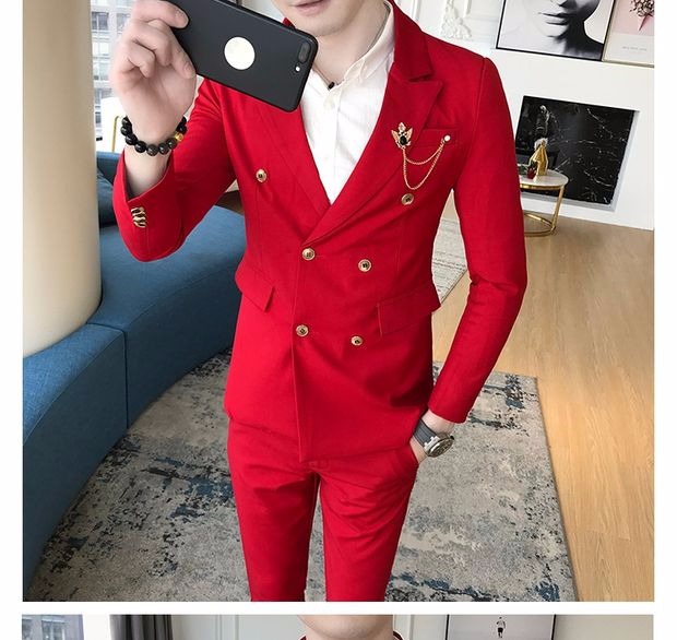 Bộ đồ nhỏ màu đỏ nam phù hợp với áo dài tay phiên bản Hàn Quốc của người đẹp trai đẹp trai nóng bỏng đôi đêm miễn phí để làm việc với bộ đồ mỏng bộ vest nam trẻ trung