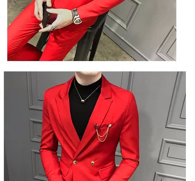 Bộ đồ vest nhỏ nam mỏng mảnh hai mảnh miễn phí hot hai đôi ngực rắn màu thanh đêm áo phông nam