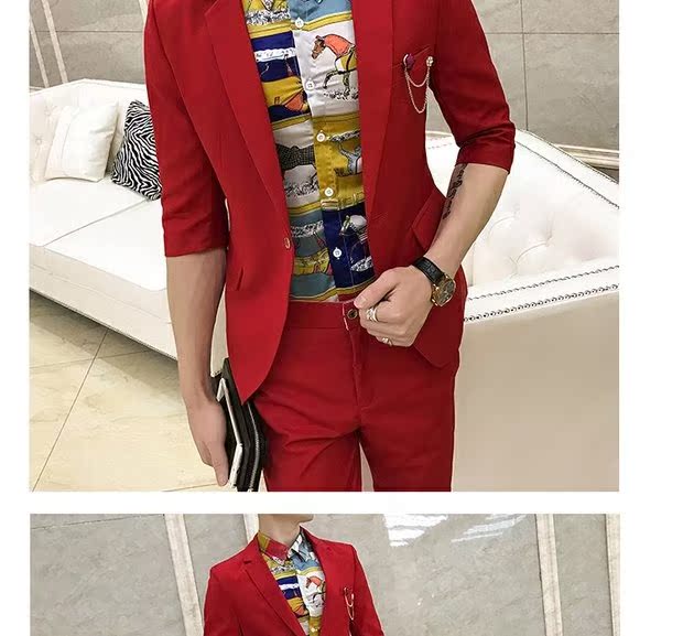 Bộ đồ ngắn tay nam phù hợp với phiên bản nam Hàn Quốc màu rắn Slim là quần lửng ống sắt không tay chín màu sơ mi nam
