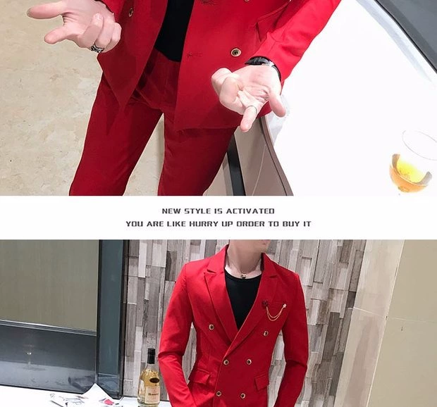 Bộ đồ vest nam phiên bản Hàn Quốc mỏng manh bốn mùa dài tay Slim đôi ngực rắn màu trẻ trung công sở 2 bộ đồ trắng