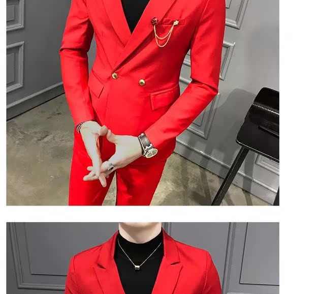 Bộ đồ vest nhỏ nam mỏng mảnh hai mảnh miễn phí hot hai đôi ngực rắn màu thanh đêm áo phông nam