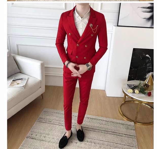 Bộ đồ nhỏ màu đỏ nam phù hợp với áo dài tay phiên bản Hàn Quốc của người đẹp trai đẹp trai nóng bỏng đôi đêm miễn phí để làm việc với bộ đồ mỏng bộ vest nam trẻ trung