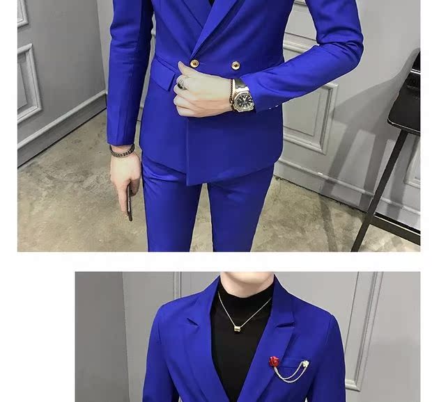 Bộ đồ vest nhỏ nam mỏng mảnh hai mảnh miễn phí hot hai đôi ngực rắn màu thanh đêm áo phông nam
