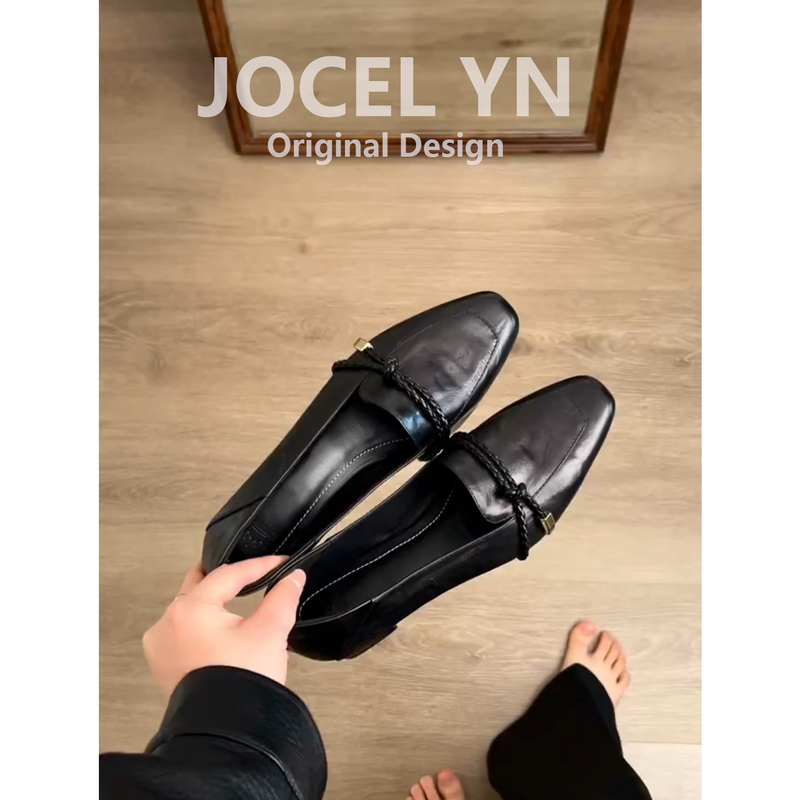 Cowhide Version ~ French-Style Chunky Heel Square-Toe Shallow Loafers for Women 2026 New British Style Black Leather Shoes
