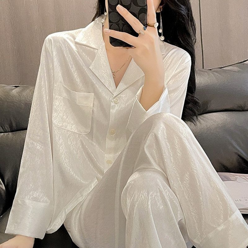 Victoria Ice Silk Pajamas for Women, Long-Sleeved, Long Pants, Thin, High-End, White, Large Size, Mulberry Silk Home Set