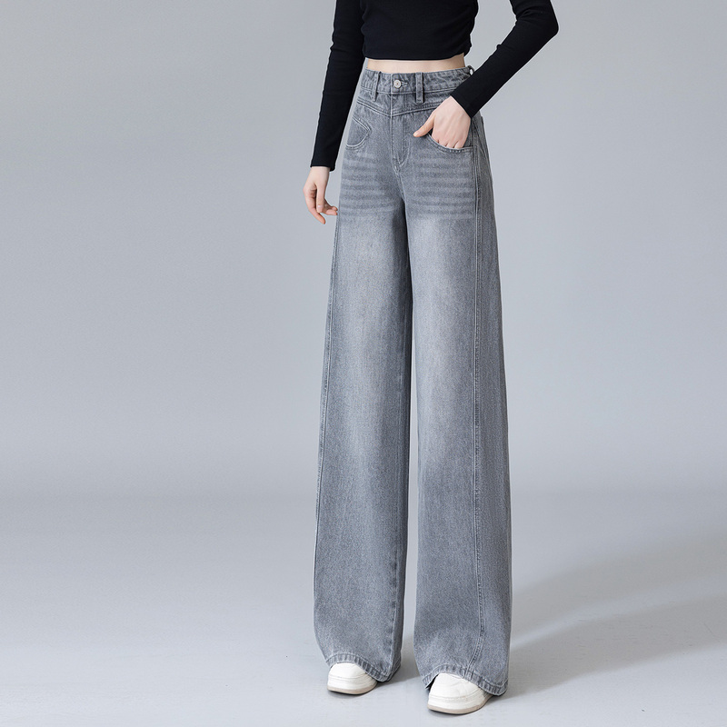 American Retro High-Waisted Straight Wide-Leg Jeans for Women, Spring and Autumn, with a Slimming and Age-Reducing Effect, Extended Length for Tall Individuals