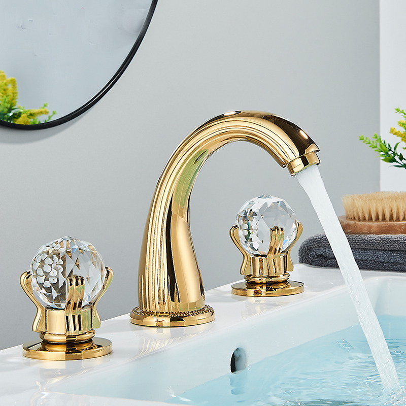 Gold Hot and Cold Three-Hole Basin Faucet Washbasin Bathroom Crystal Handle Split Three-Piece Set European Style