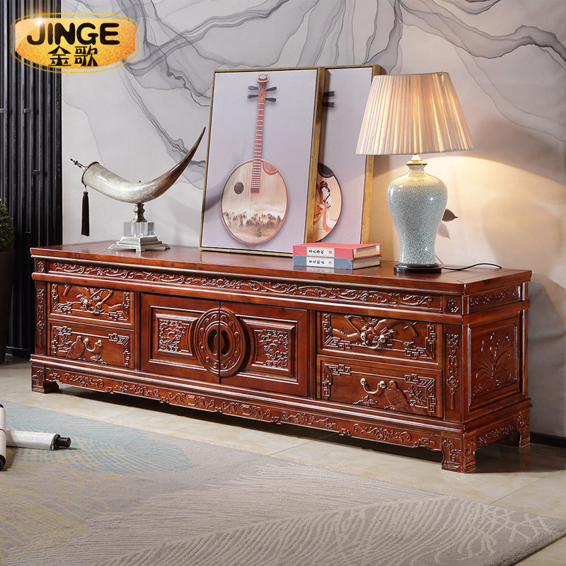 All solid wood TV cabinet New Chinese antique carved camphor wood film and television cabinet Living room storage coffee table combination cabinet