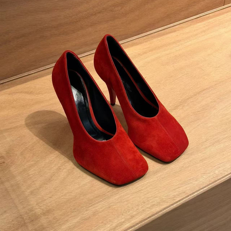Korean Style Niche Design Red Suede Square-Toe High-Heeled Shallow-Mouthed Single Shoes for Women, Elegant Thin-Heeled Genuine Leather Women's Shoes