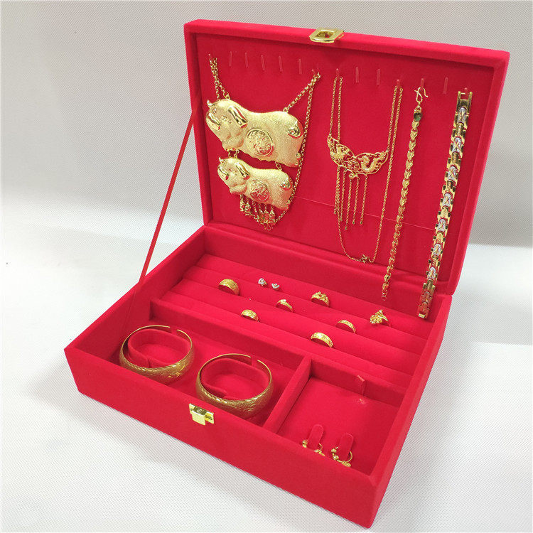 National High Quality Big Red Flocking Gold Double Bracelet Multi-piece Set Box Dowry Wedding Box Jewelry Box