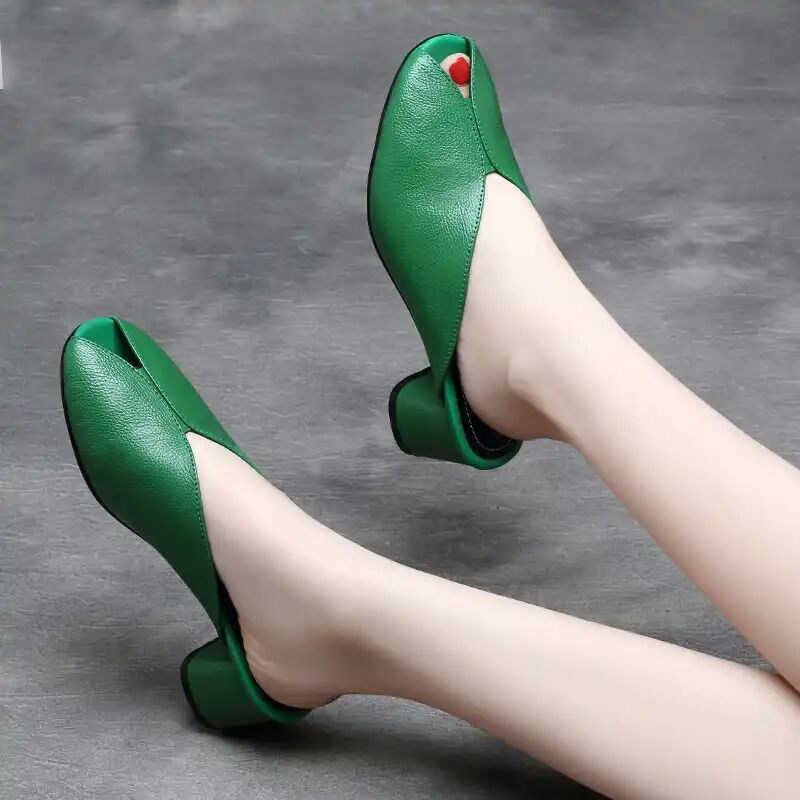 Fish mouth sandals 2022 summer new Baotou wear leather comfortable fashion thick heel all-match mid-heel half drag women's shoes