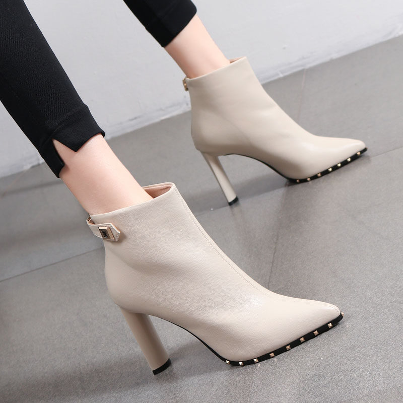 Pointed toe beige thick heel rivet short boots women's 22 autumn and winter high heels women's net red thin boots plus velvet Martin boots