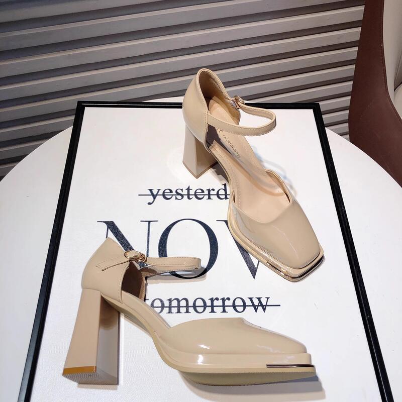 French Mary Jane Shoes for Women 2026 Patent Leather Square Toe Hollow Chunky Heel Platform Single Shoes with Ankle Strap High Heels French Mary Jane Shoes for Women 2026 Patent Leather Square Toe Hollow Chunky Heel Platform Single Shoes with Ankle Strap High Heels