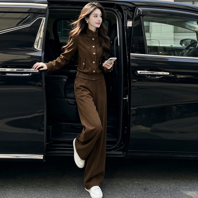 Sugar-Roasted Chestnut Fashion Outfit for Women, Autumn Melard High-End Elegant Jacket, Top, and Wide-Leg Pants Two-Piece Set