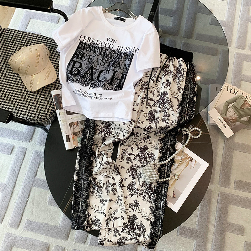 European Style Sports Casual Suit for Women, Summer 2026 New Trendy Fashionable Printed Ice Silk Wide-Leg Pants Two-Piece Set European Style Sports Casual Suit for Women, Summer 2026 New Trendy Fashionable Printed Ice Silk Wide-Leg Pants Two-Piece Set