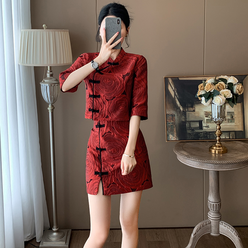 Elegant Socialite Fashion Set 2026 Autumn New Chinese Style Red Mid-Sleeve Top and Short Skirt Two-Piece Women's Outfit