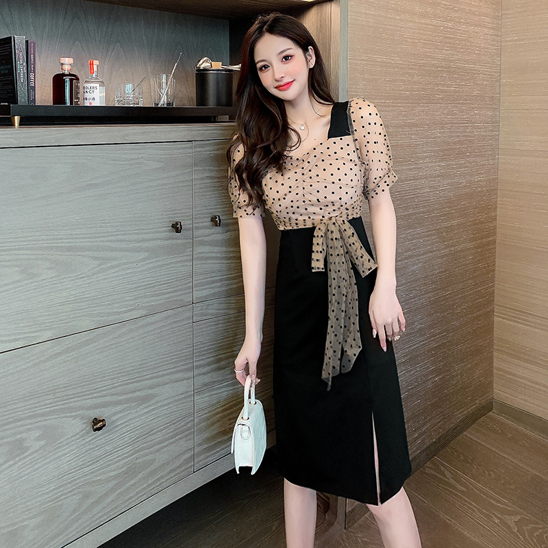 European station French slim wave point split dress women's design sense of wild fashion temperament waist long dress summer
