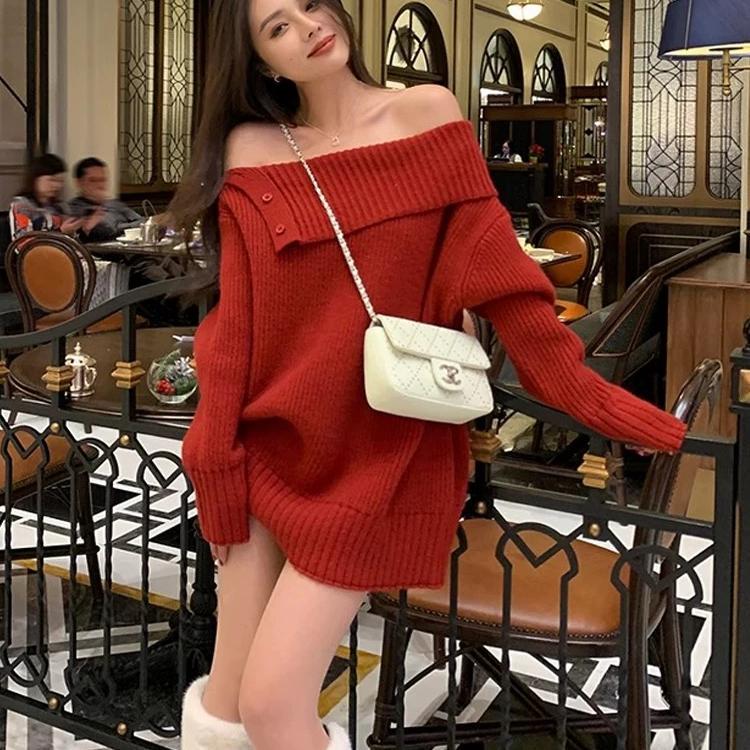 Red Off-Shoulder Sweater for Women, Autumn and Winter 2025 New Style, High-End Feel, New Year's Eve and Christmas Atmosphere, One-Shoulder Top Red Off-Shoulder Sweater for Women, Autumn and Winter 2025 New Style, High-End Feel, New Year's Eve and Christmas Atmosphere, One-Shoulder Top
