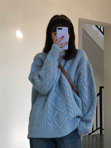 Ретро японский синий демисезонный свитер, коллекция 2023, оверсайз, увеличенная толщина