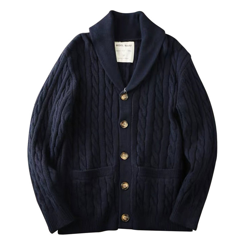 Musonmu 100% Wool Retro Heavy-Duty Cable Knit Cardigan Sweater for Men, Autumn and Winter Casual Lapel Jacket
