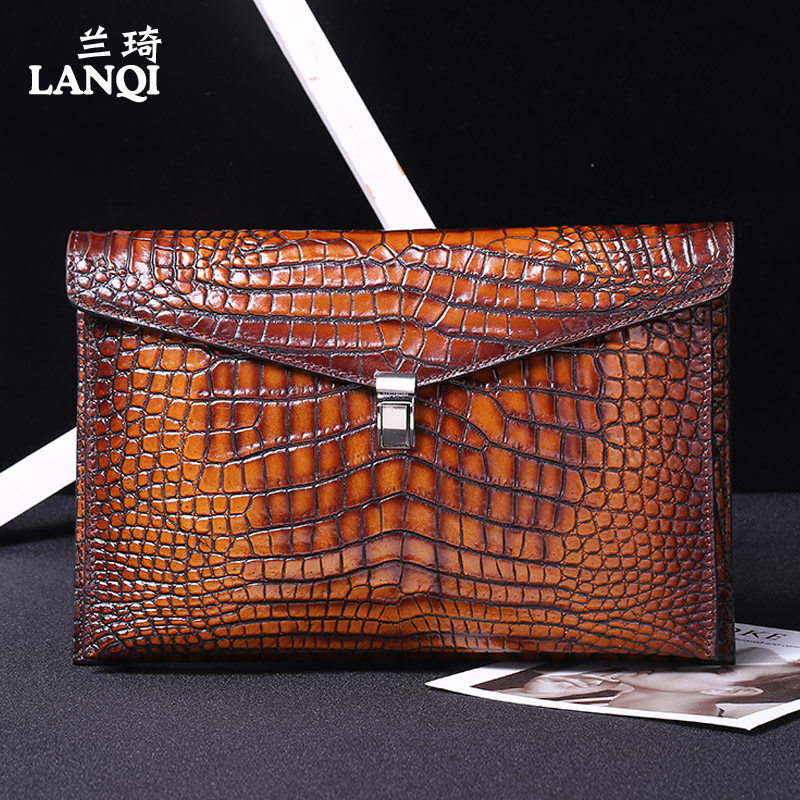 Lan Qi hand-rubbed color crocodile pattern cowhide handbag men's business clutch bag envelope bag genuine leather wallet fashion new