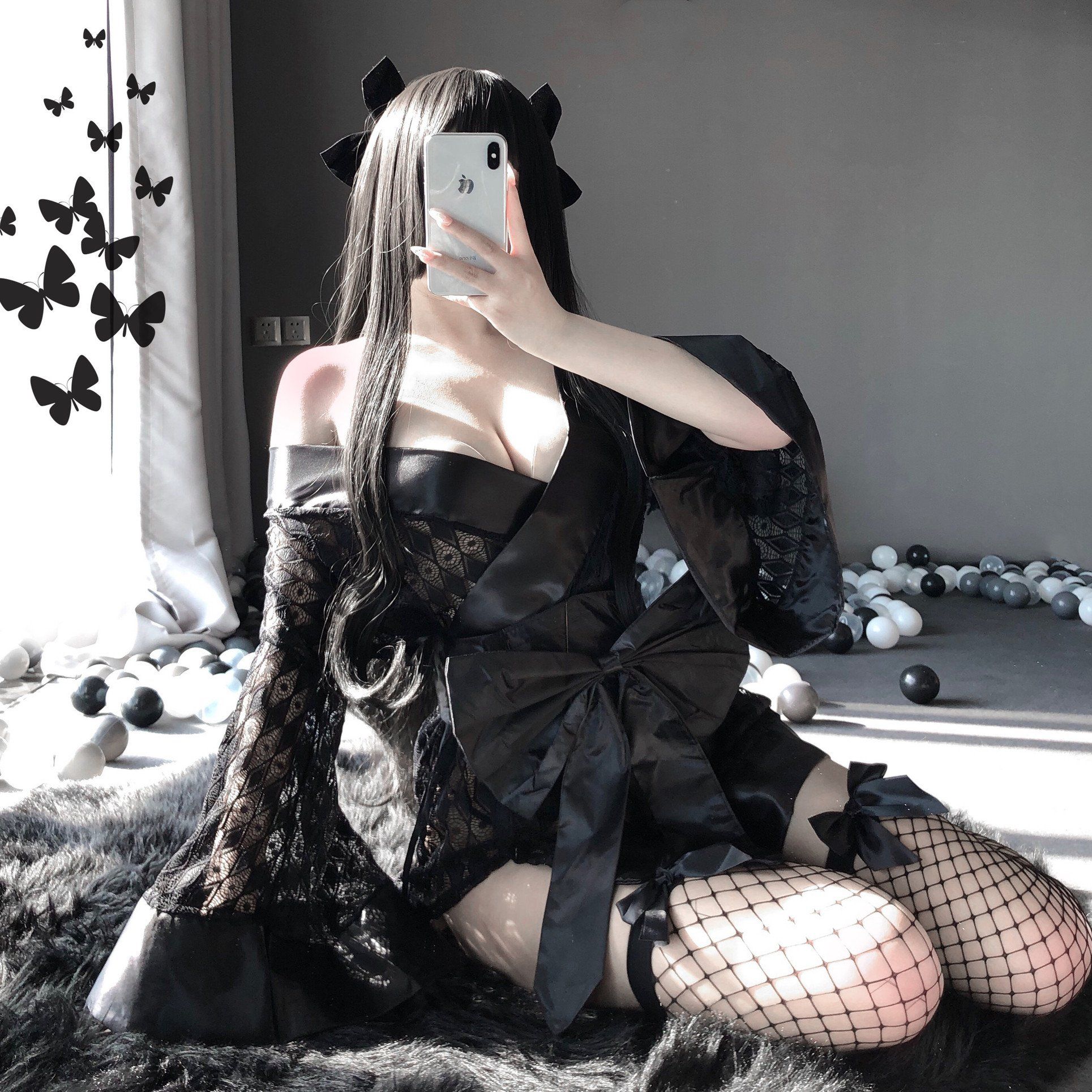 Enchantment of women Ji Gothic Wind day style dark black ensemble and butterfly knot waist seal hot-in-open cardiothoric cardiothoric low chest