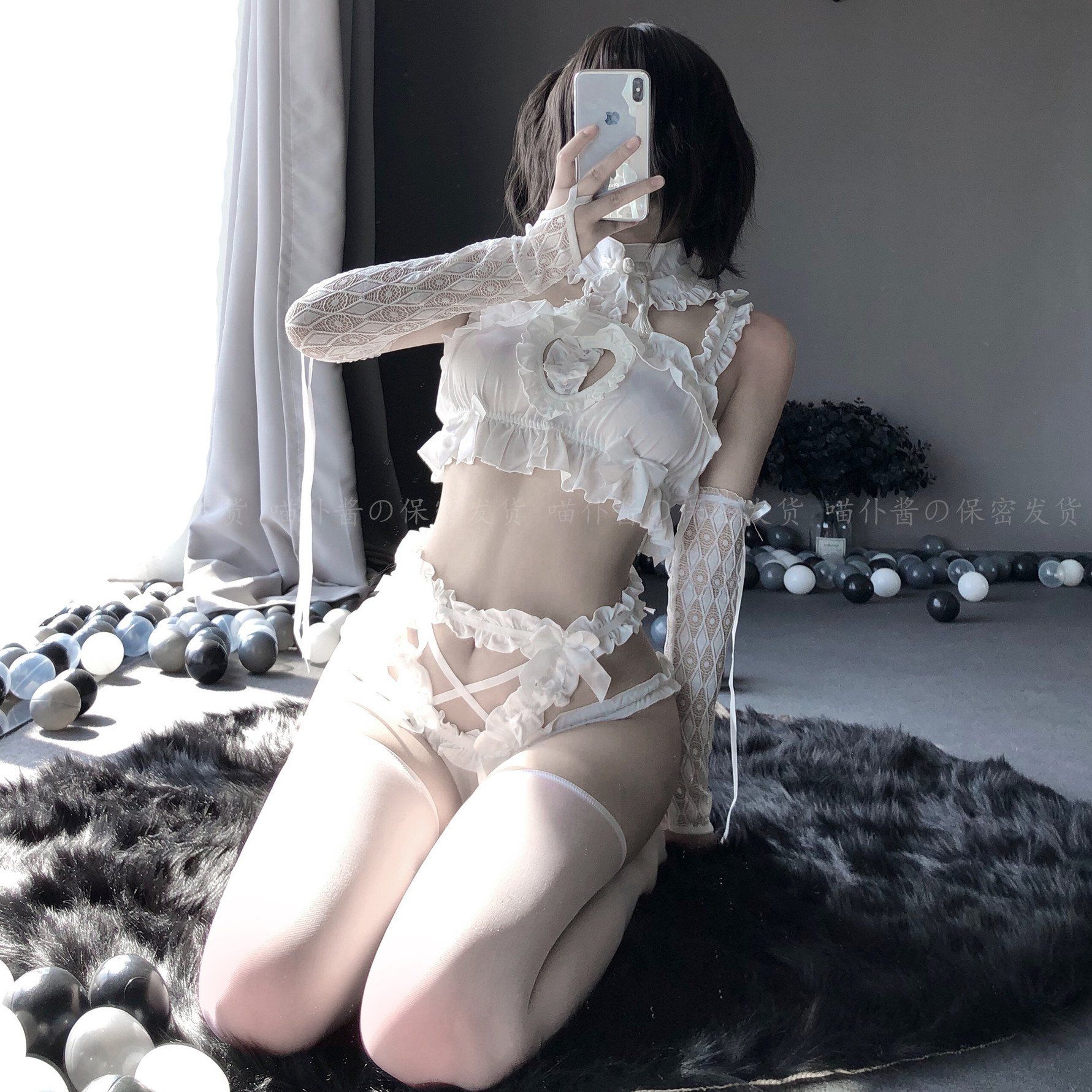 Sweet and wild cream girl Japanese fungus lace love hollow bra private underwear maid soft girl suit