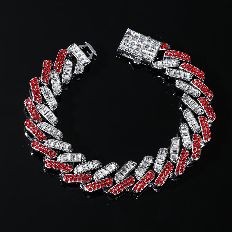Ms Diamond-Shaped Red Bracelet 15mm Cuban Chain American Hip-Hop Full Diamond Hip-Hop Two-Tone Rap Cool Guy Bracelet Ms Diamond-Shaped Red Bracelet 15mm Cuban Chain American Hip-Hop Full Diamond Hip-Hop Two-Tone Rap Cool Guy Bracelet