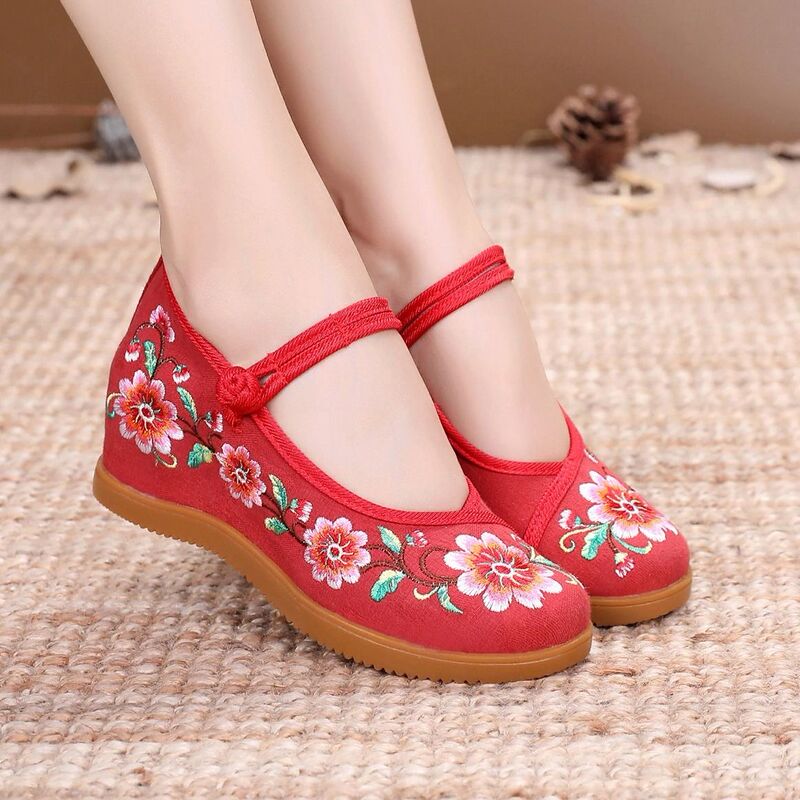 Old Beijing Cloth Shoes, Ethnic Style Embroidered Shoes, Wedge Heels, Single Shoes, Hanfu Red Dance Shoes, Women's Shoes, Height-Increasing Handmade Dance Shoes
