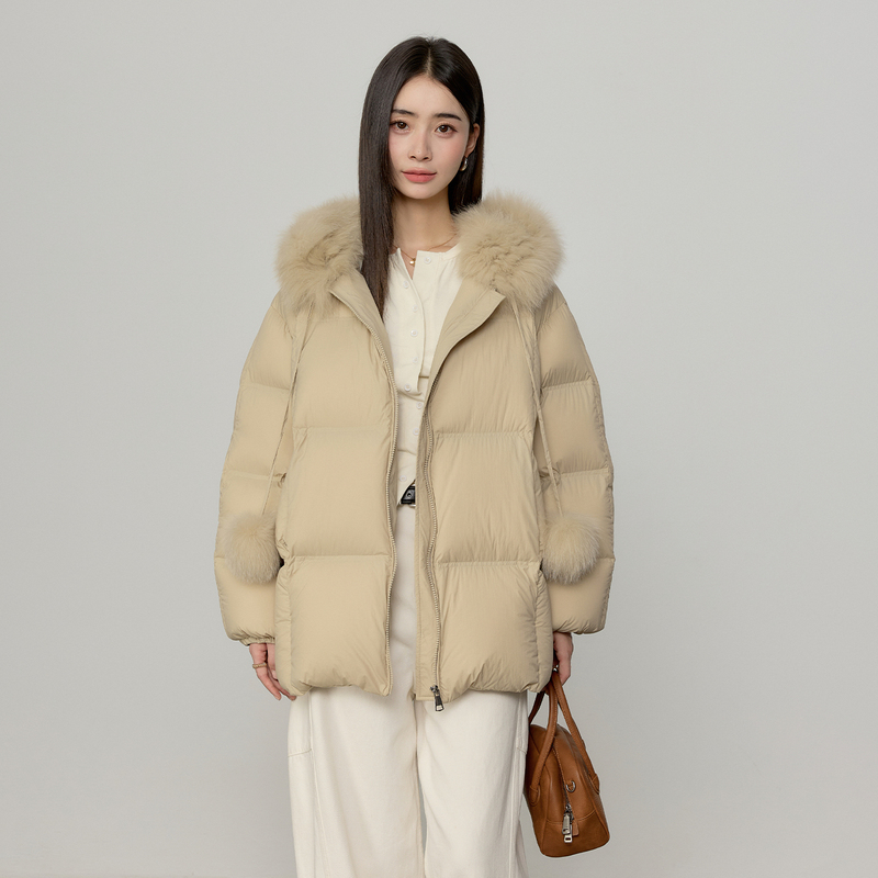 Snowball down 2025 New 90 White Goose down Jacket Women's Mid-Length Fox Fur Collar Puffer Coat