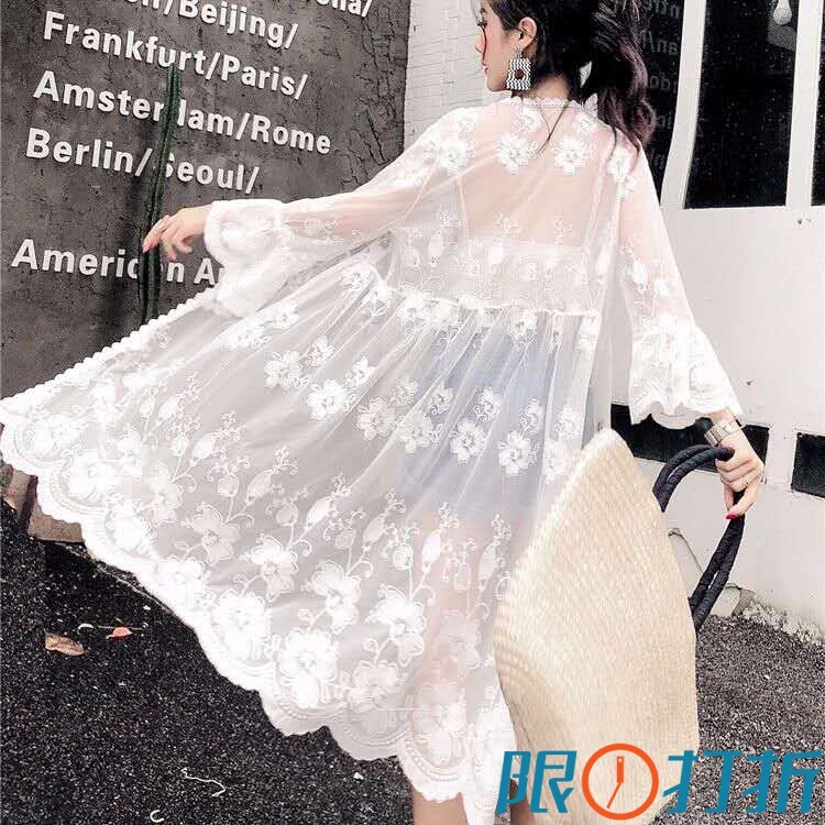 Summer Shawl Sun Protection Clothing for Women, Trumpet Three-Quarter Sleeves, Mid-Length Cardigan, Student Korean Style Loose Lace Mesh Jacket