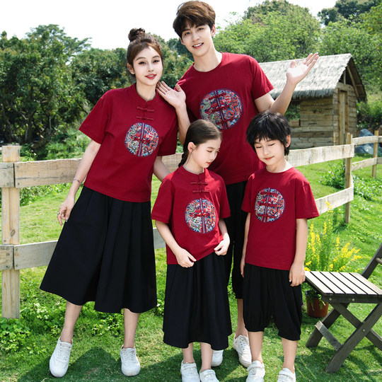 高端亲子装夏季汉服中国风红色T恤潮 一家三四口家庭套装母女裙子