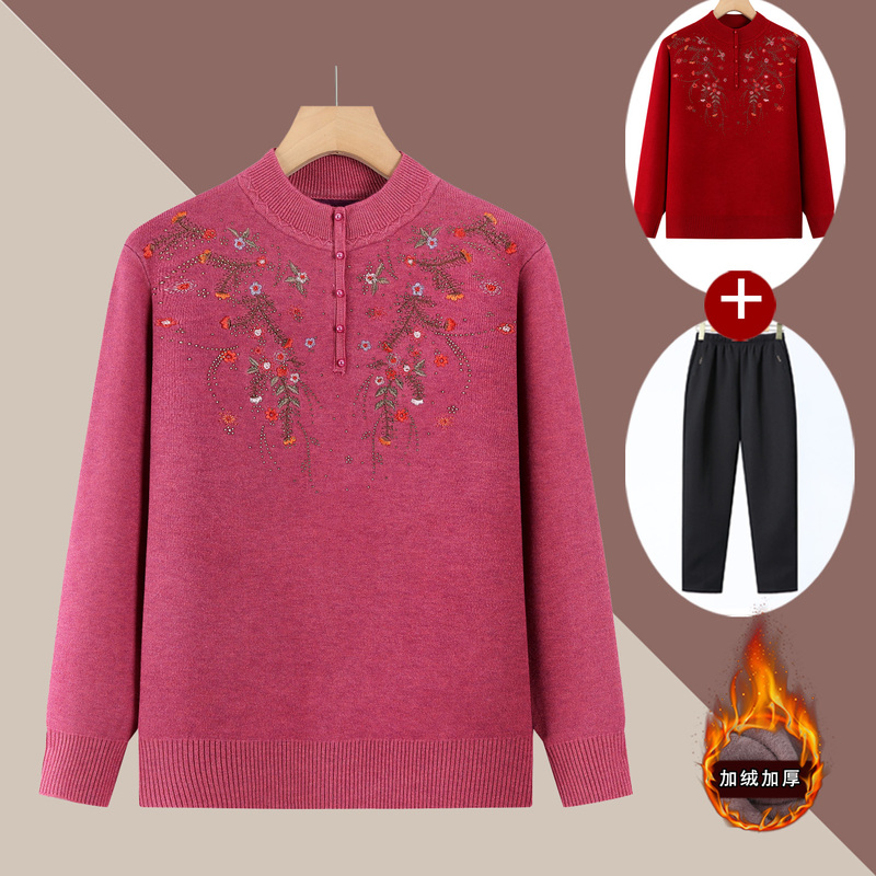 Elderly Women's Autumn and Winter Fleece Sweater, Embroidered Thermal Underwear for Old Ladies, Thick Knitted Inner Wear for Grandma