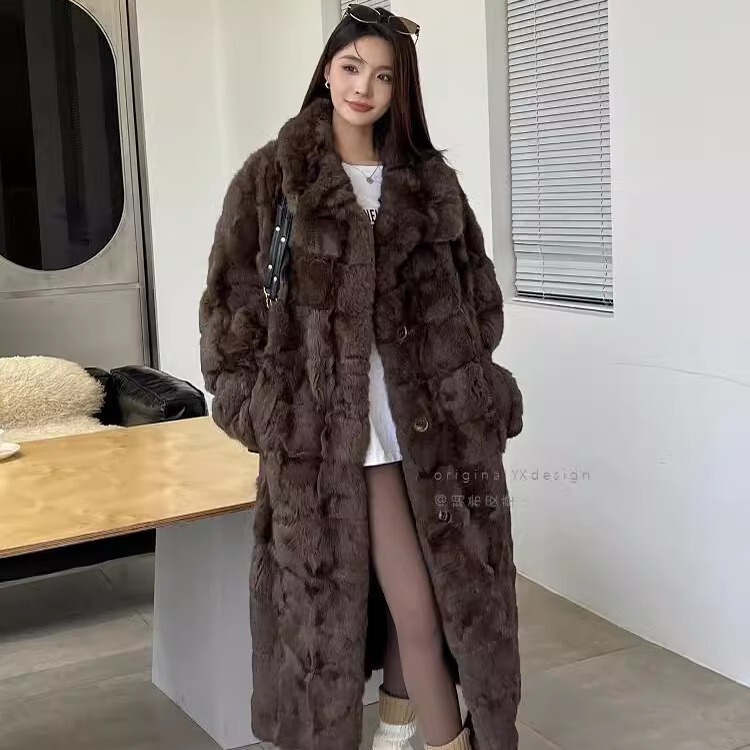 Ice and Snow Goddess Stand Collar Rabbit Fur Coat 2024 Autumn/Winter New Style Oversized Long Over-The-Knee Fur Coat for Women