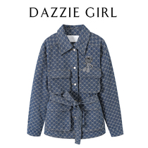 CWJ2020 spring new slim waist lace-up beaded mid-length tooling denim jacket jacket female