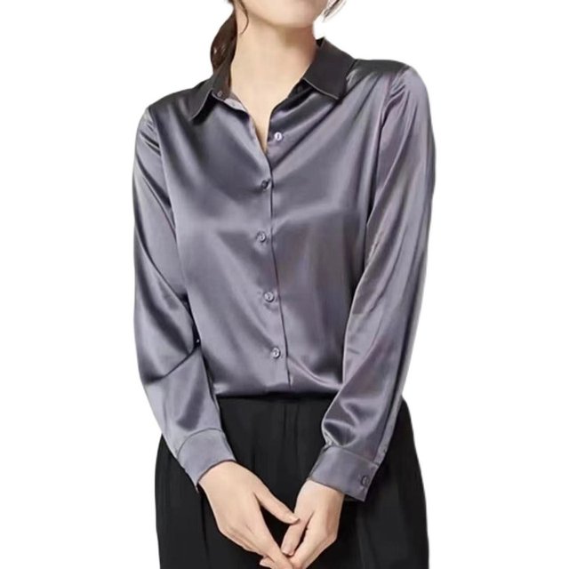 High-end silk satin shirt long-sleeved cardigan women's spring and autumn new POLO collar temperament top simple loose shirt