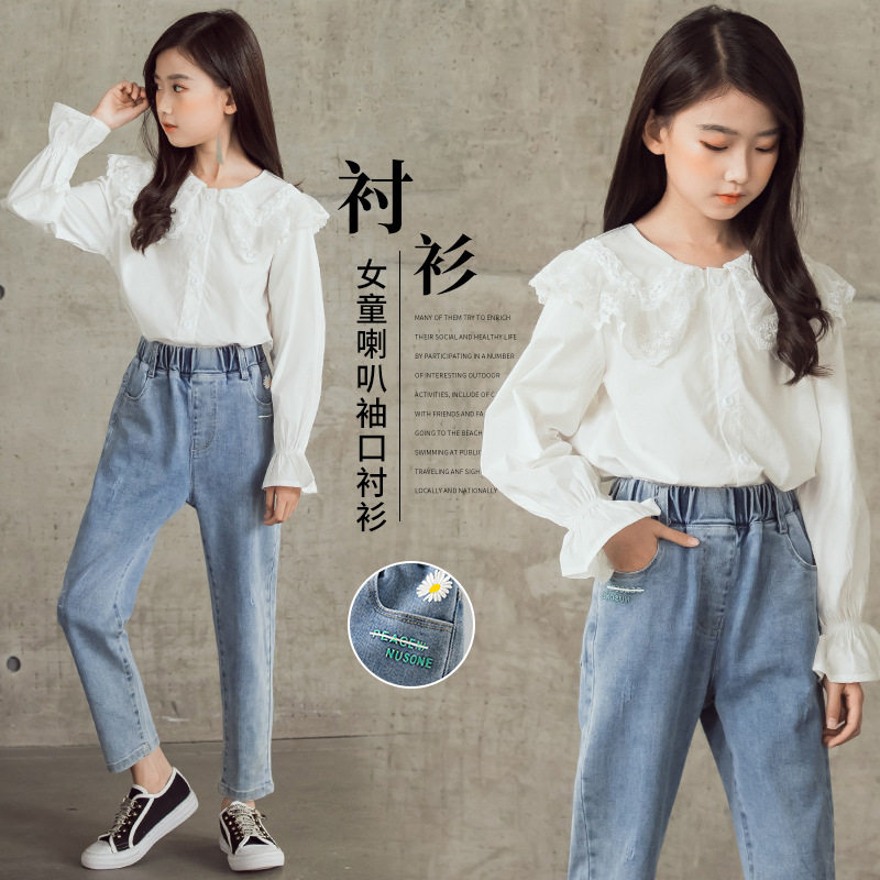 Girl Shirt 2022 New Korean Version Horn Sleeve Blouse Children CUHK Child Lace Parenting Long Sleeve Shirt
