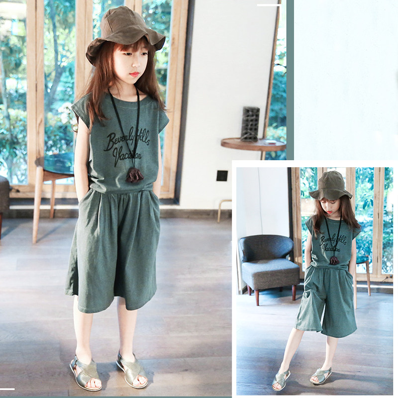 Girl Summer Suit 12-year-old girl Summer clothing Loose Large Child Net Red Suit Broadlegged Pants Summer Foreign Korean Children's clothing