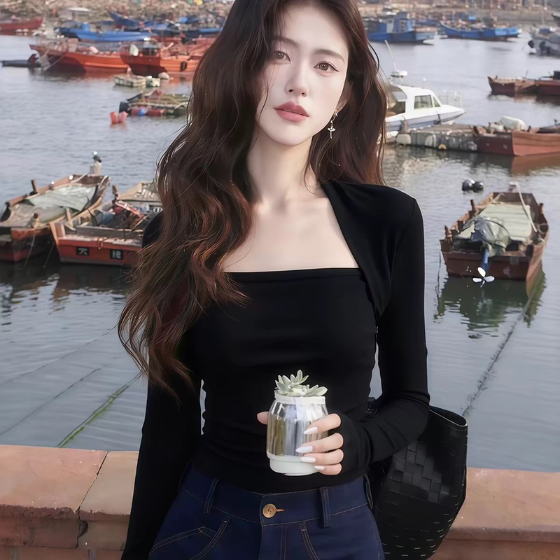 Autumn and Winter New Hepburn-Style Black Square-Neck Long-Sleeve T-Shirt for Women, Slim Fit, Simple Retro Inner Layer Top Autumn and Winter New Hepburn-Style Black Square-Neck Long-Sleeve T-Shirt for Women, Slim Fit, Simple Retro Inner Layer Top