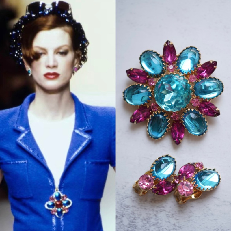 Vintage Color-Block Czech Glass Rhinestone Brooch and Ear Clip Set Barbie Brooch from Wuwu Retro Store