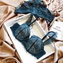 European and American sexy half cup underwear bra set retro dark green ruffle insert thin size girl student
