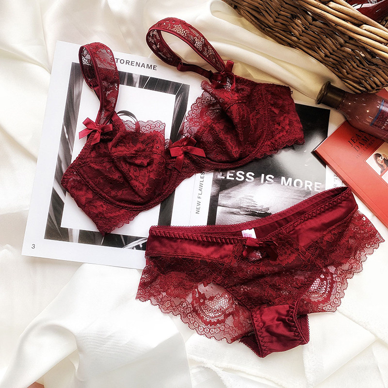 European and American ultra-thin translucent sexy lace underwear sweet large size burgundy 75D80D85D bra big chest becomes smaller