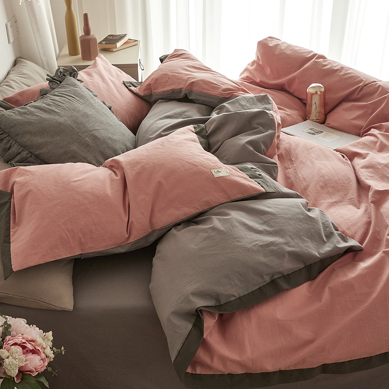 Simple double spelling cotton washed cotton bed four-piece set Nordic solid color quilt cover bed sheet bedding fitted sheet set