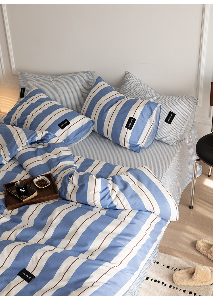 Комплект постельного белья 虾米的故事 из 100% хлопка в полоску синий цвет 3-4 предмета для студенческого общежития