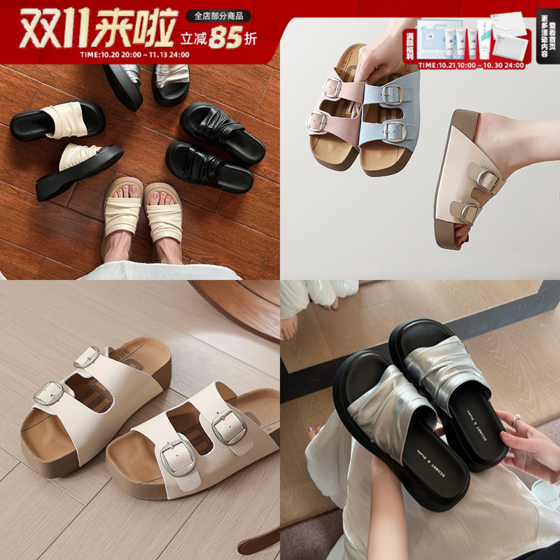 Comfortable and Easy to Match~ Summer Birkenstock Slippers, French-Style Pleated Open-Toe Sandals, Thick-Soled Double-Buckle Birkenstock Shoes with Height Increase