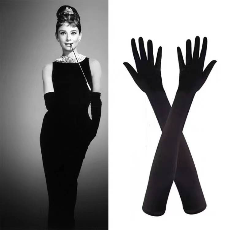 Tobacco Stick Hepburn Style Pearl Necklace Long Gloves Women's Classic Black Performance Accent Evening Cheongsam Dress Accessories