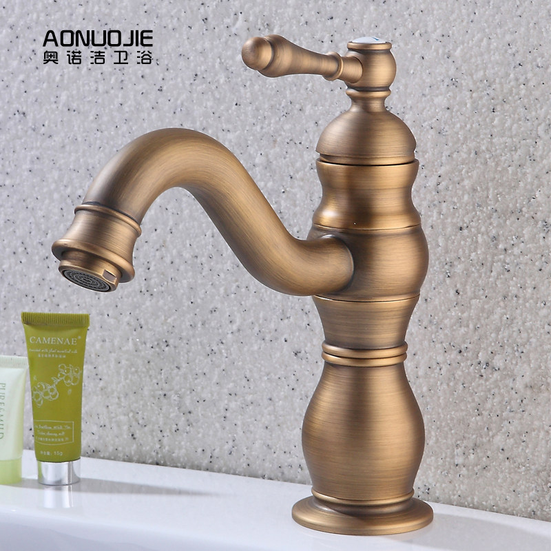 All-copper water tap hot and cold antique basin rotatable shampoo bathroom countertop basin high shower head Chinese single hole