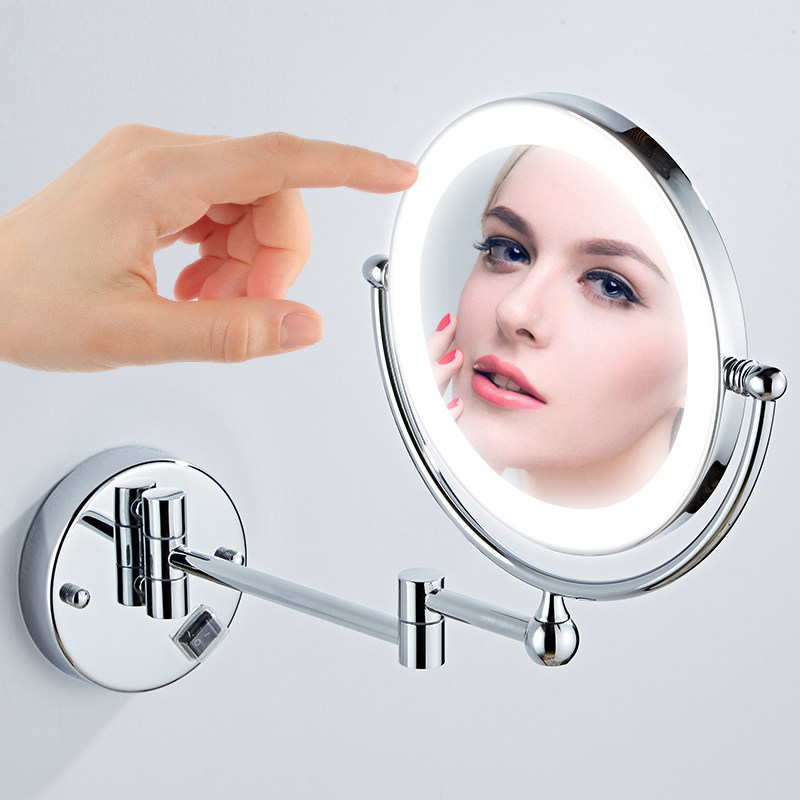 Free hole with lamp beauty mirror Double-sided LED makeup mirror Wall-mounted bathroom folding dressing magnifying glass telescopic