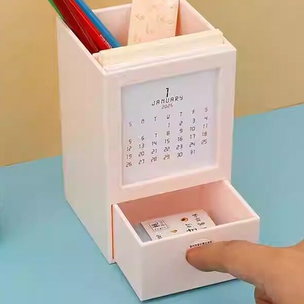 2025 New Year's Eve Calendar Multifunctional Pen Holder 2026 Desk Calendar Desktop Ornaments Creative Cute Mini Storage Box Drawer